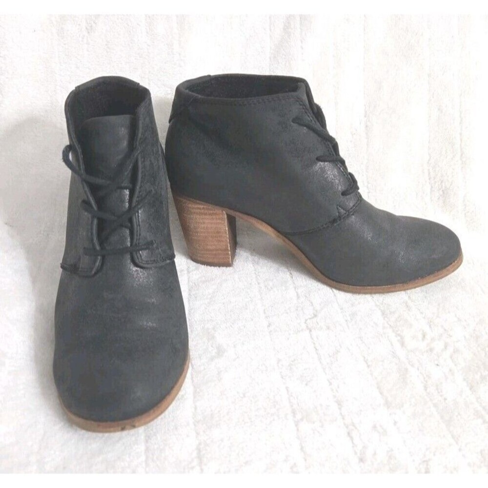 TOMS Lunata Ankle Boot Sz 6 Black Suede Lace Up Wood Stack Chunky Dressy Booties